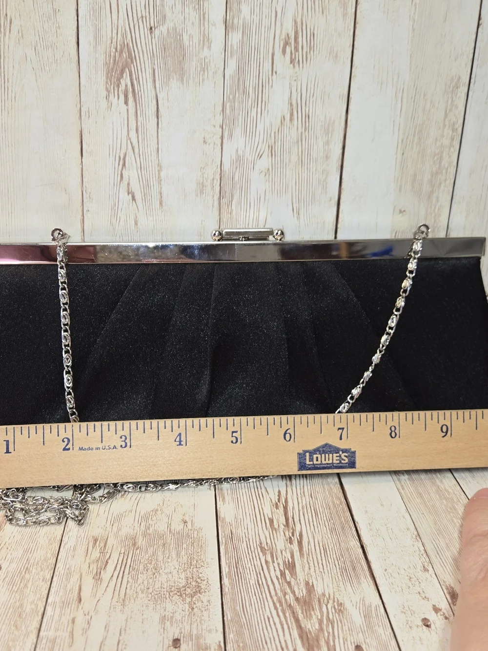 Jessica McClintock Black Satin Clutch Silver Chain Strap Evening Bag